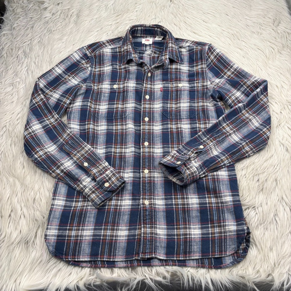 Levi's Men's M Plaid Woven Button Front Shirt Navy Brown Red White Western